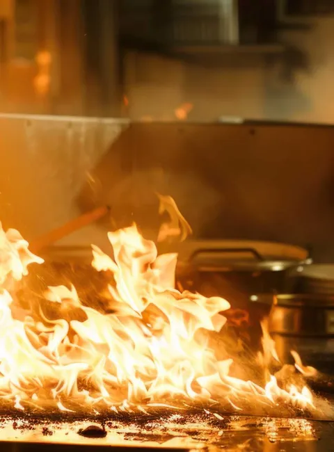 Kitchen with active fire
