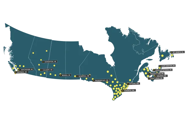 Map showing service locations in Canada