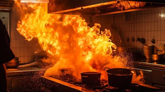 Raging fire in over stove